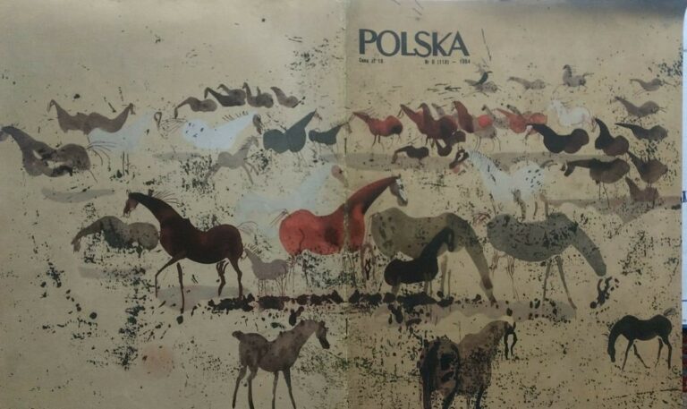 Janowskie stado na okładce magazynu Polska, pędzla Józefa Wilkonia, 1954