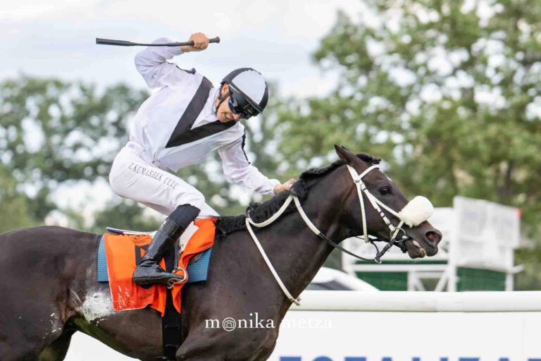 Triumfujący gest kandydata dżkejskiego T. Kumurbeka Uulu na mecie 41 Nagrody Europy. Fot Monika Metza